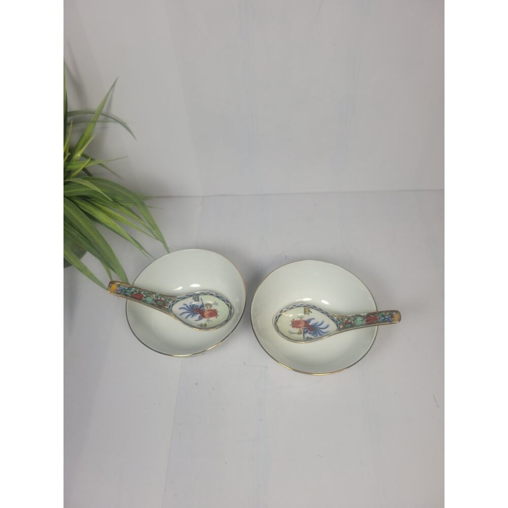 2 Chinese Soup Bowls & Spoons, Oriental Mun Shou Set, Singapore Chatsworth - Picture 2 of 7